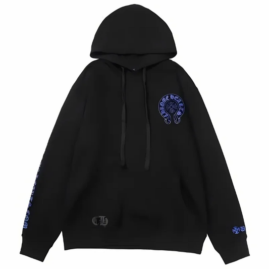 Blue Horseshoe Logo Black Hoodie